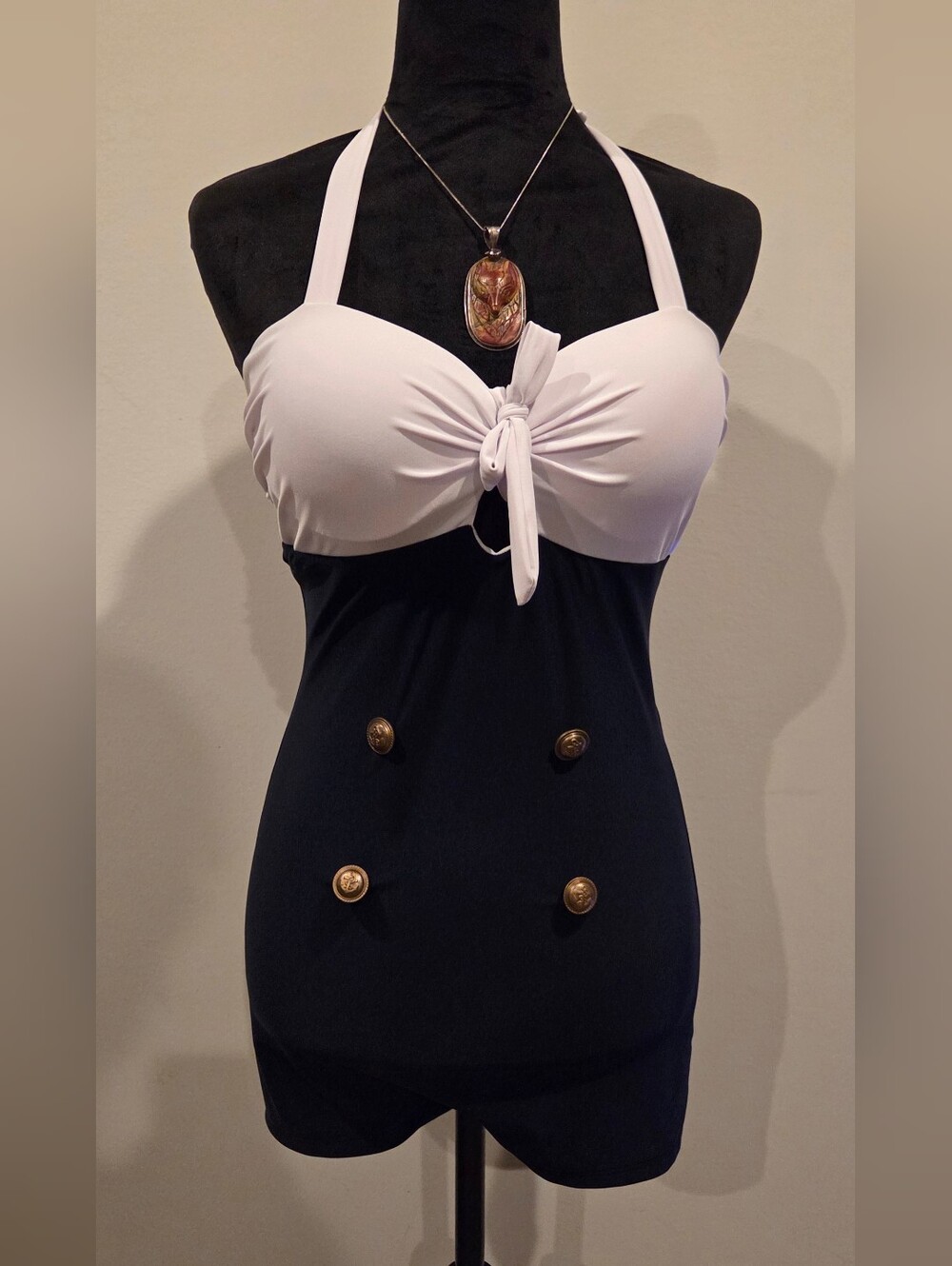 Navy and White Halter Sailor-Inspired Swimsuit